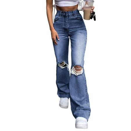 Sexy Dance Women Fitted Ripped Bell Bottom Jeans Ripped Destroyed Denim  Pants Ladies High-Rise Flare Jeans Fashion Trendy Jeans | Walmart Canada