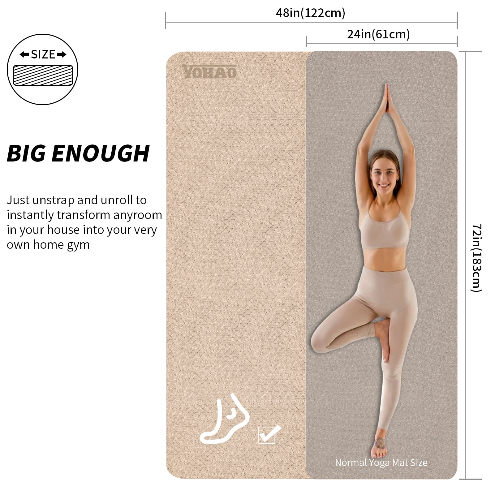 10mm Large Yoga Mat (6'x 4') with Soft Fabric - Extra Long and Wide 72 x 48 x 0.4 inches, Non-Slip Surface, Eco-Friendly, Thick Wide Yoga Mat for Home Workouts or Gym Fitness .Beige＋Black