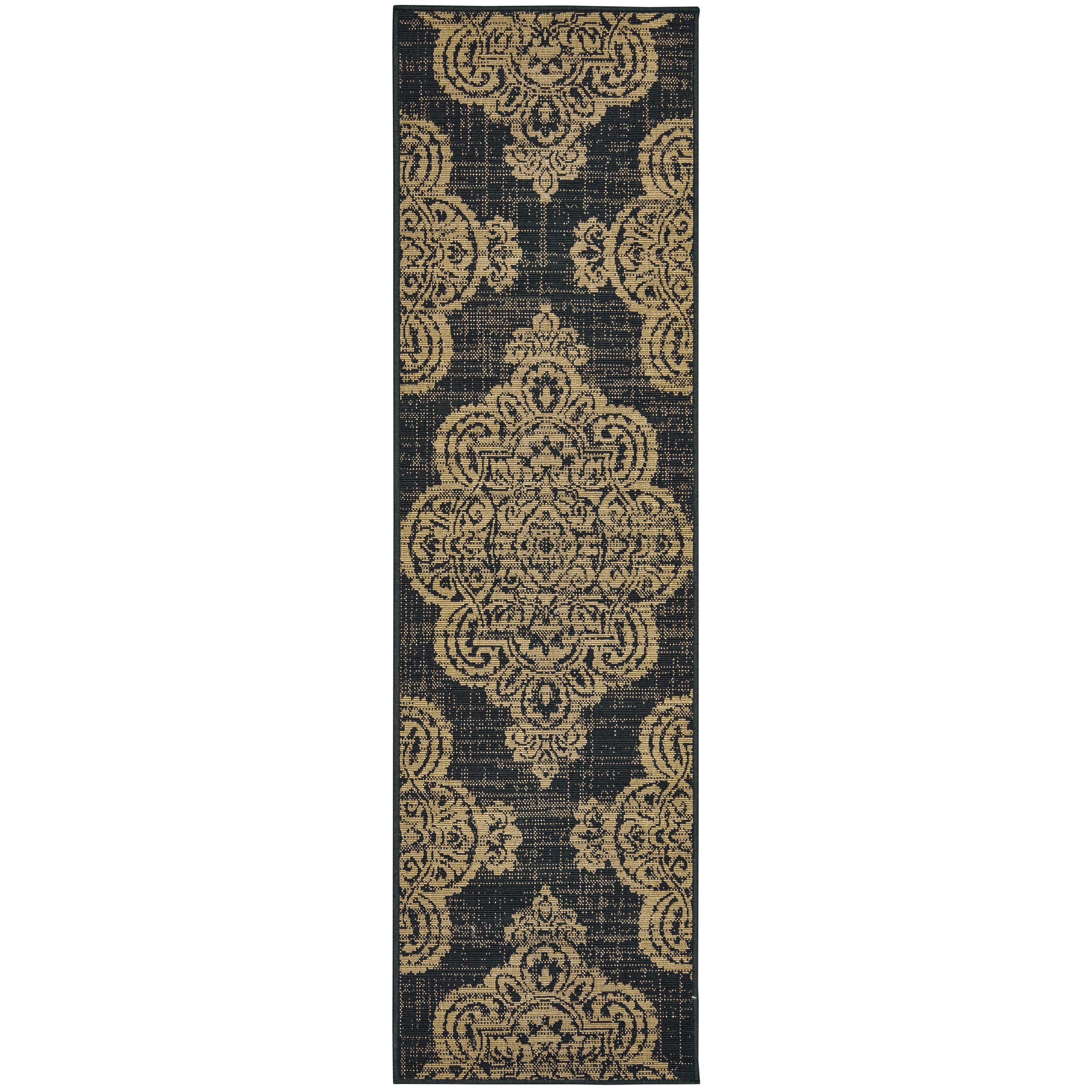 Laurette Outdoor Oriental Runner Rug, Black/ Tan 2, 2' x 8'