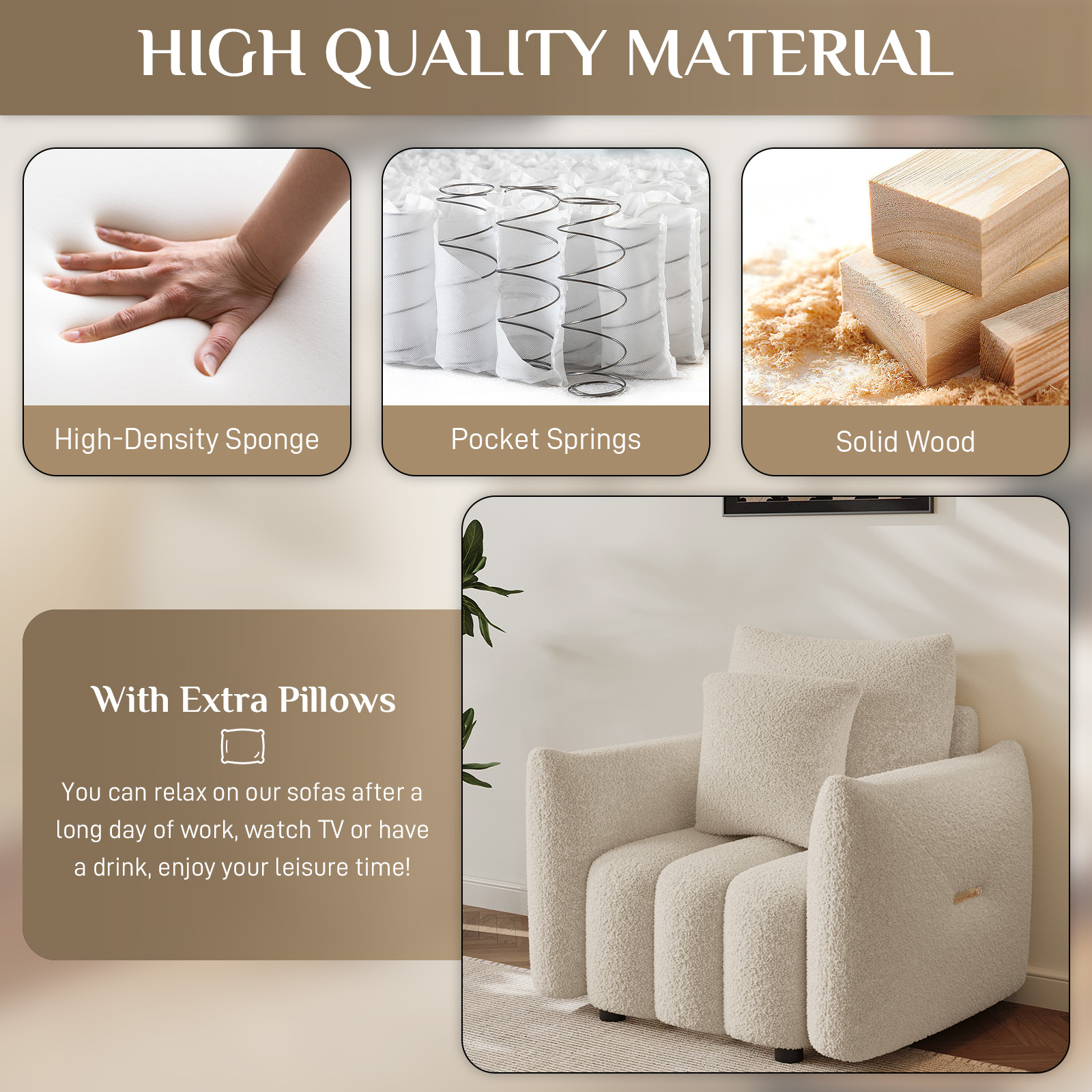 Wiilayok 33.5"D x 37.75"W Teddy Cloud Sofa Couch, Comfy Upholstered Sherpa Deep Seat Boucle Sofa, Cozy Modern Single Couch with 1 Pillows, Loveseat for Living Room Apartment Office, Brown