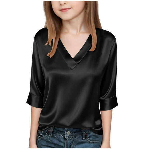 OGLCCG Girls Silk Satin Blouse Dressy Casual V Neck 3/4 Length Sleeve Tees Tops Solid Color Lightweight Summer T Shirts 4-15 Years