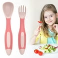 thumbnail image 2 of 2 Pcs Plastic Small People Spoons Set Tableware Bendable Design Portable Utensils Small People Feeding Auxiliary Spoon Fork for Self-Feeding Bendable Learning Utensils, 5.63"&5.24", Pink, 2 of 9
