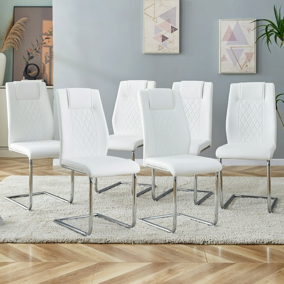 Modern White PU Leather Dining Chairs (Set of 6) - Metal Legs, Padded Seats for Kitchen, Living Room. 16"x19"x38" Upholstered Side Chairs, Easy Assembly.