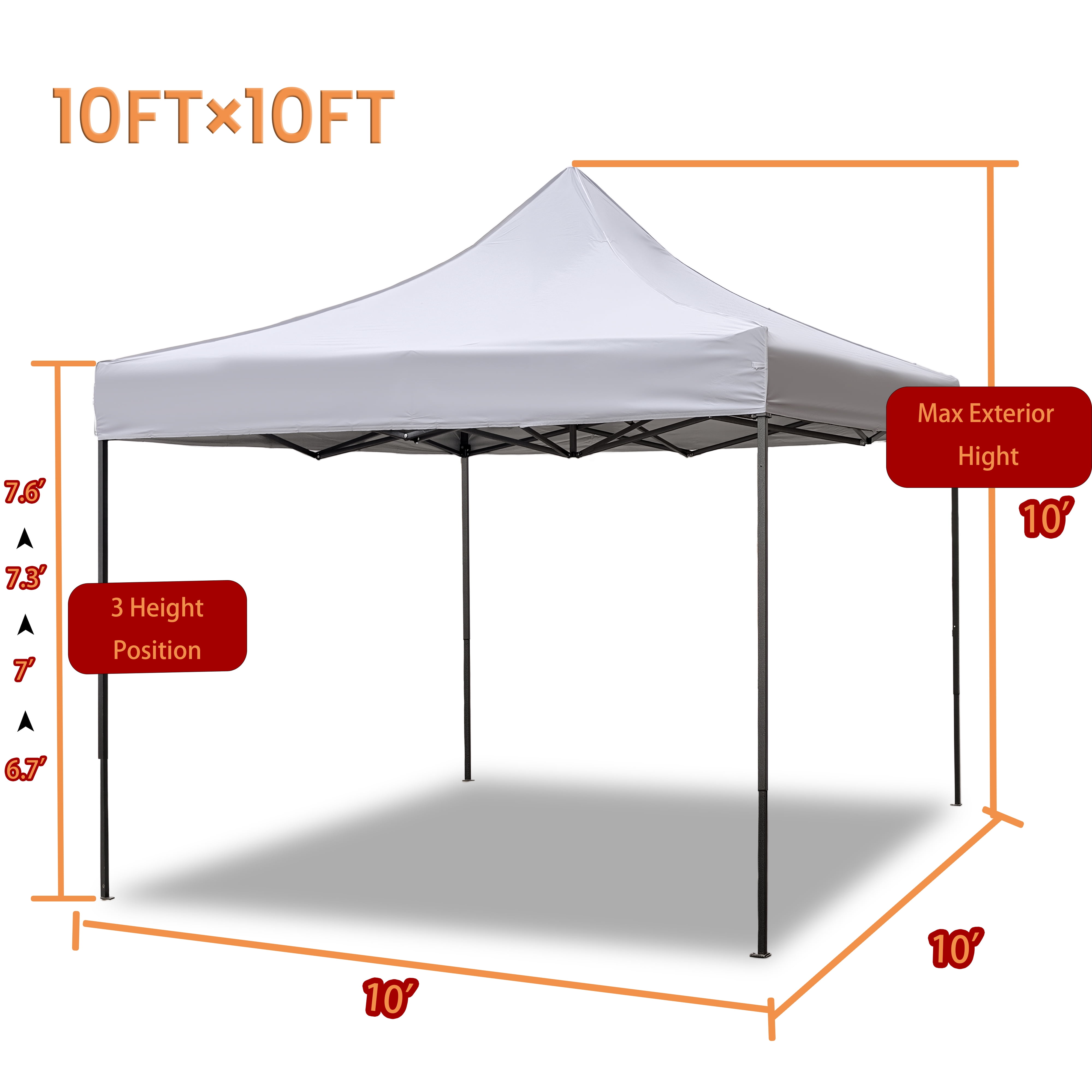 10'x10' Pop Up Canopy Tent, White Silver-Coated Top UPF50+ Water-Resistant, 4 Adjustable Heights (6.7-7.6ft), Includes Sandbags Stakes Ropes Carry Bag