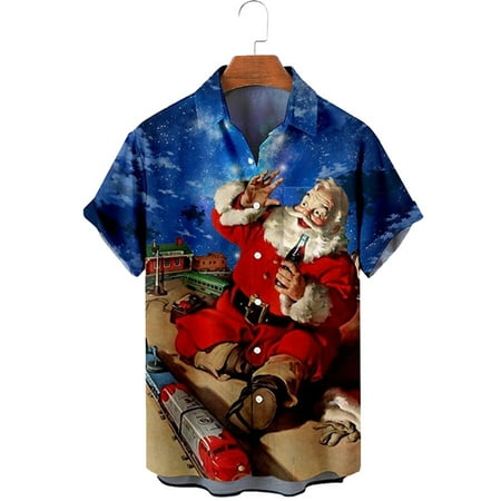 

MLFU Kids Cat Print Hawaiian Shirt Mens Christmas Short Sleeve Outdoor Shirt & Top
