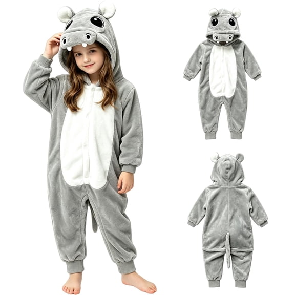 OJSFQUFP Kids Hippo Halloween Cosplay for Boys Girls Kids Hippo Soft Flannel 3D Hippo Hood Front Buttons Cute Tail Jumpsuit for Halloween