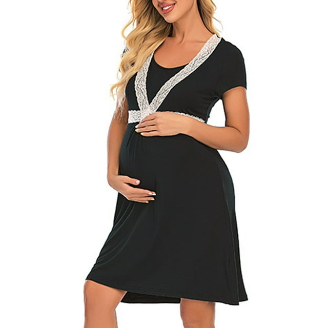 TIMIFIS Robe d'Allaitement pour Maternité avec Empiècement en Dentelle, Robe Midi d'Allaitement Fluide à Col Rond, Manches Courtes, Légère, Couleur Unie, Décontractée, Confortable, Ample