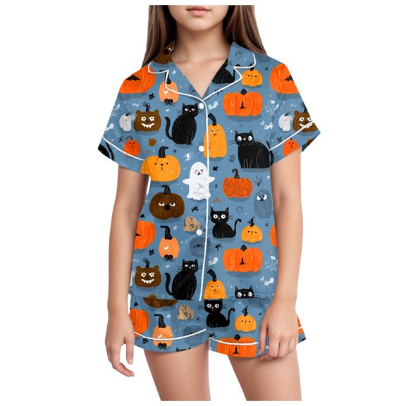 Kakishop Halloween Pjs Girls Boys Set Cute Halloween Pumpkin Ghost Print Girls Boys Silk Pajama Sets Satin Clasic Sleepwear Summer 2 Pieces Button Down Nighty (Navy,2-3 Years)