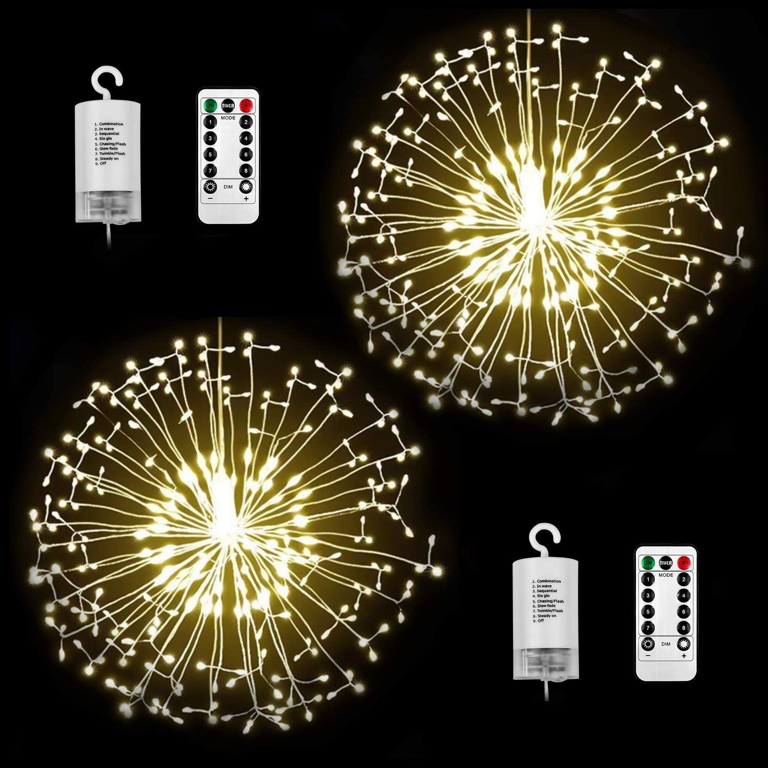 Warm White,2 Pack Hanging Starburst String Lights,2 Pack 8 Modes Waterproof 200 LED Bouquet Shape Fireworks Fairy Twinkle Light Battery Operated With Remote Control For Home,Gardens,Patios,Study. 