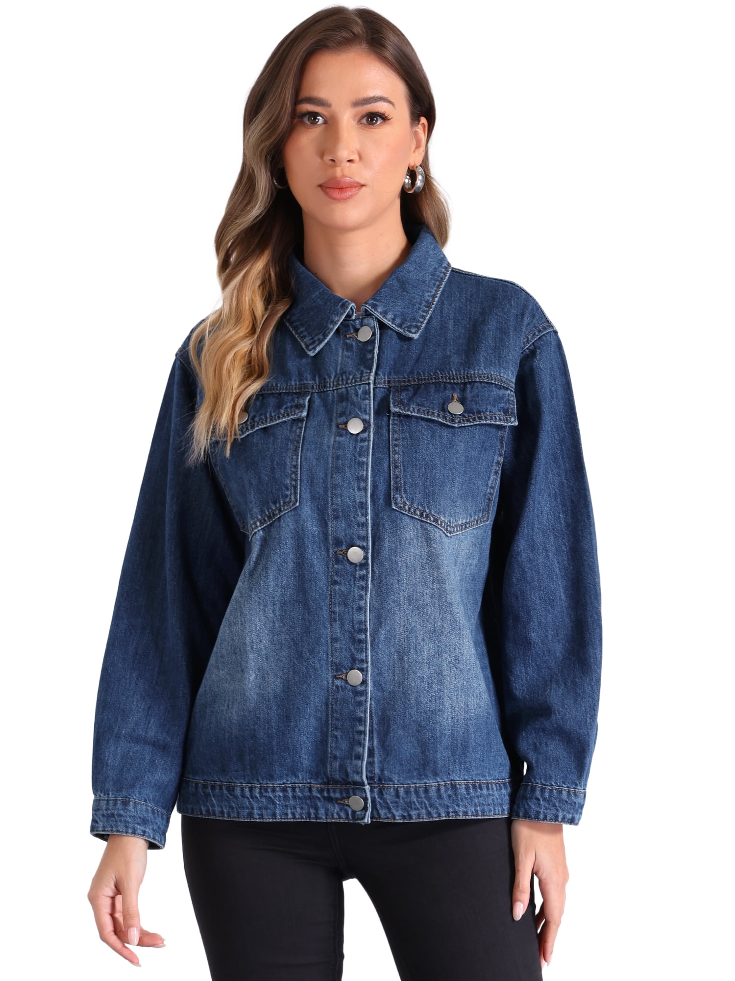DARING DIVA Women's Vintage Button Down Long Sleeve Denim Jacket L Blue