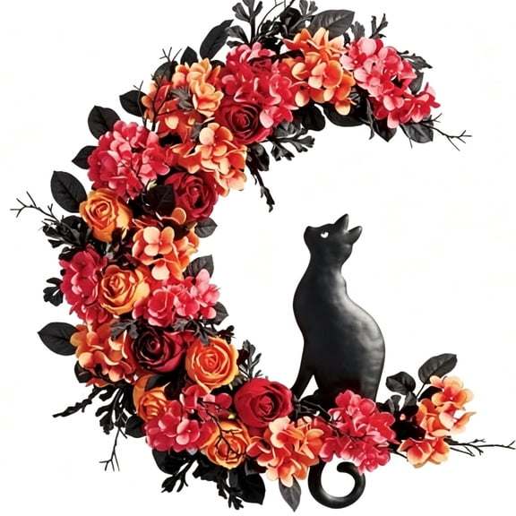 Halloween Crescent Moon Wreath, Artificial Orange Red Rose & Hydrangea Floral Wreath with Gothic Figure for Front Door, Fall Halloween Wall, Mantel, Porch Home Decor