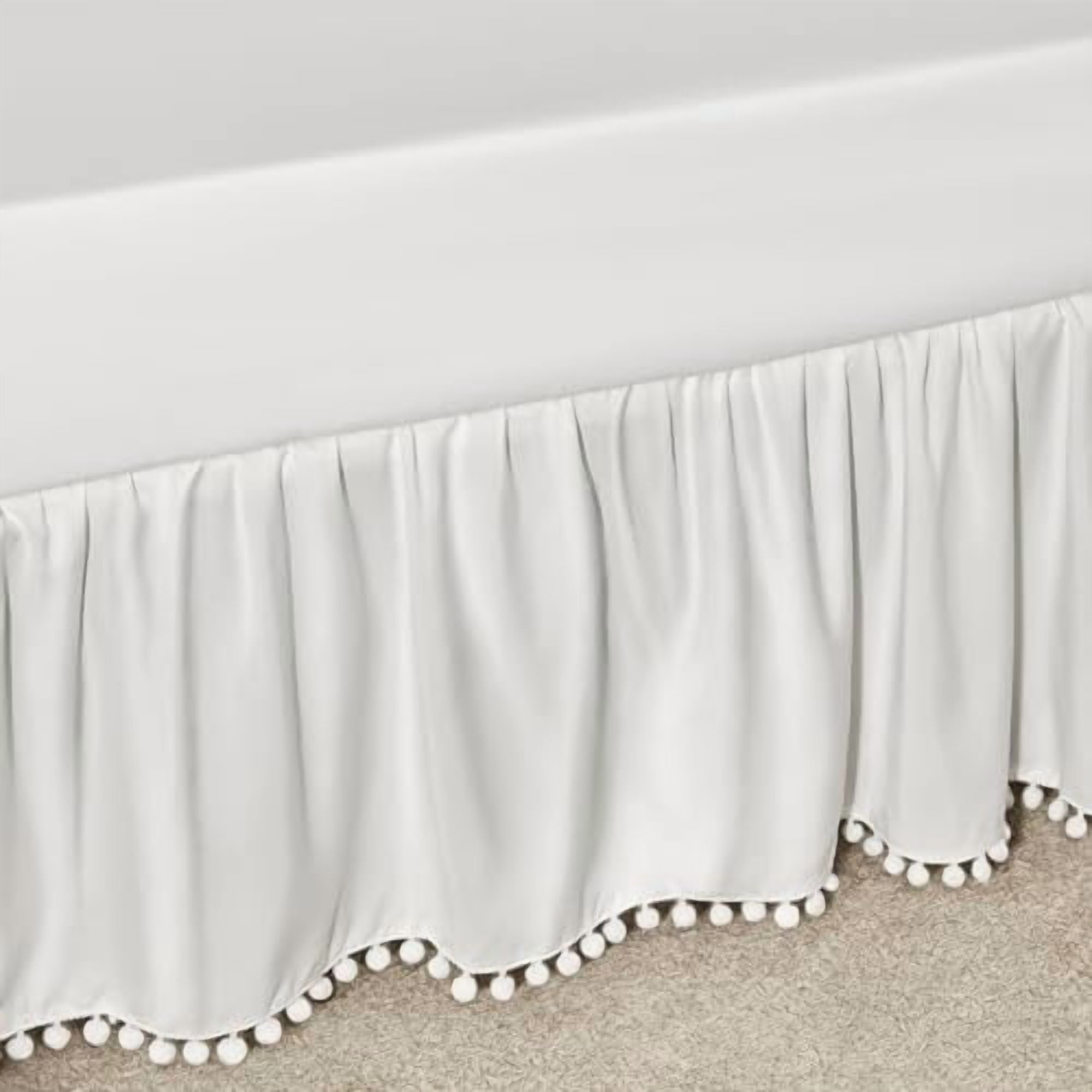Baby Crib Skirt Girls Boys, Ruffled Bed Skirt with Pompoms, 28”x 52”, 14'' Drop, White
