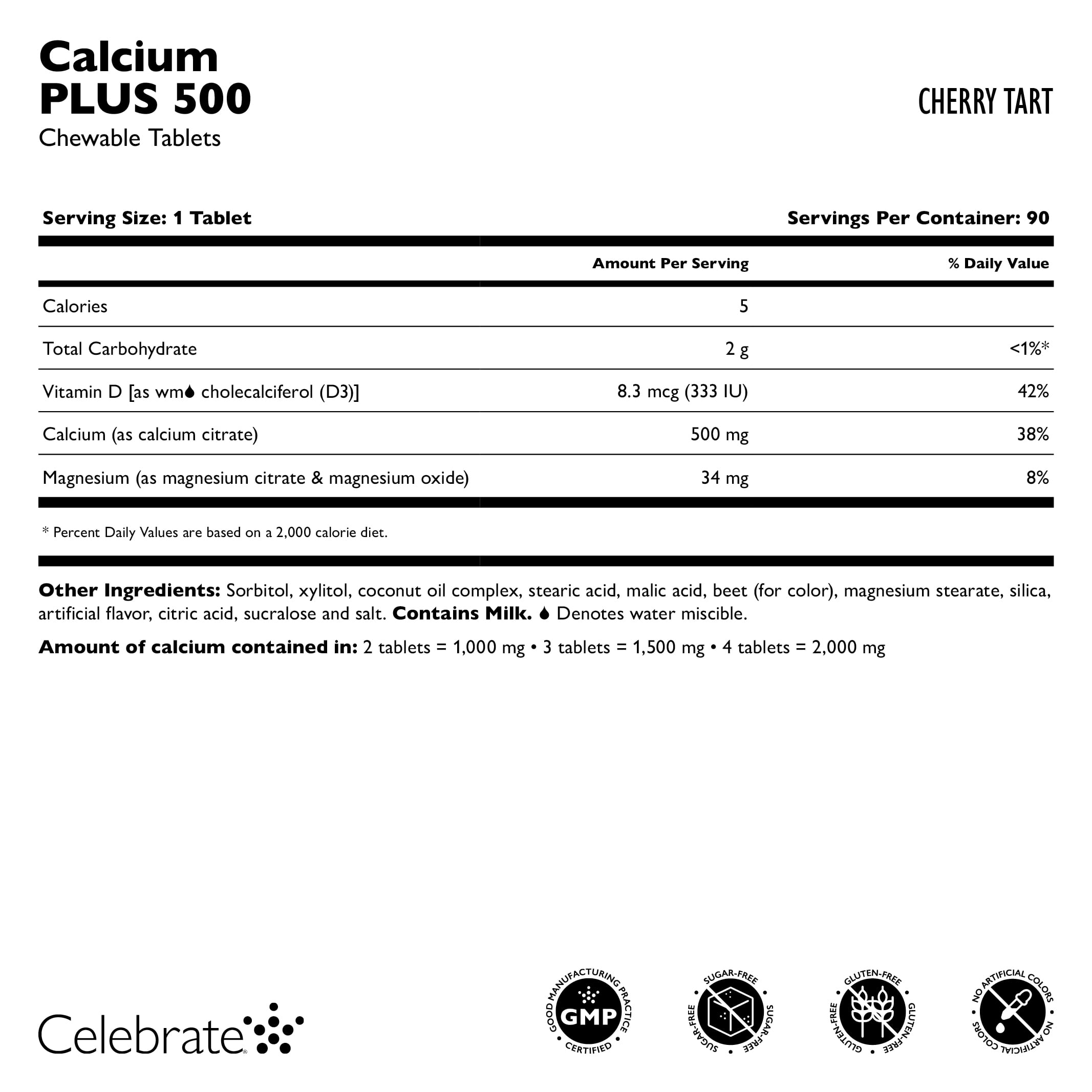 Celebrate Vitamins Calcium Plus 500 Chewable Tablets, 500 mg Calcium Citrate with Vitamin D3, Cherry Tart, 90 count