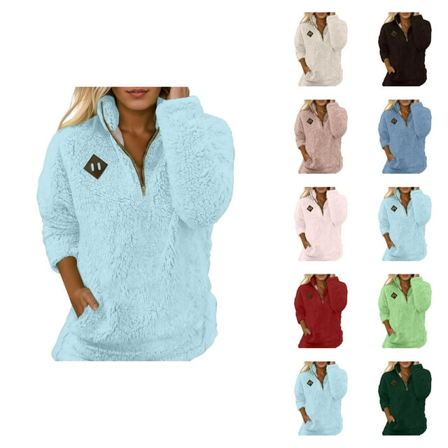 Fuzzy Sweatshirts for Women 2025 Long Sleeve Half Zip Stand Collared Sweatshirt with Pockets Pullover Tops