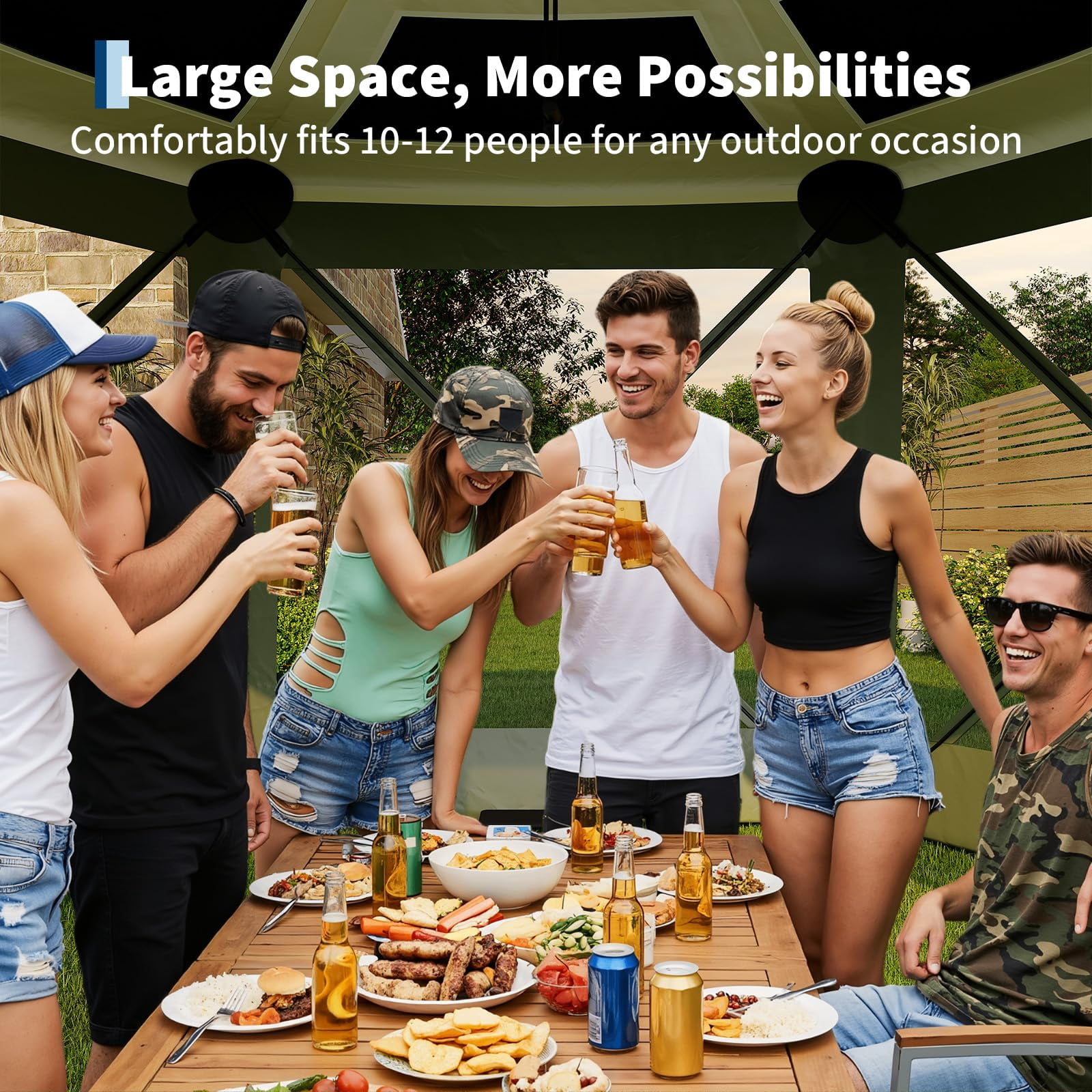 Memoryfield 11.5x11.5 FT Gazebo Pop Up Screen Tent, Quick-Set 6-Sided Outdoor Canopy with Removable Top, Bite-Proof Sun Shade for Camping, Backyard, Patio, Green