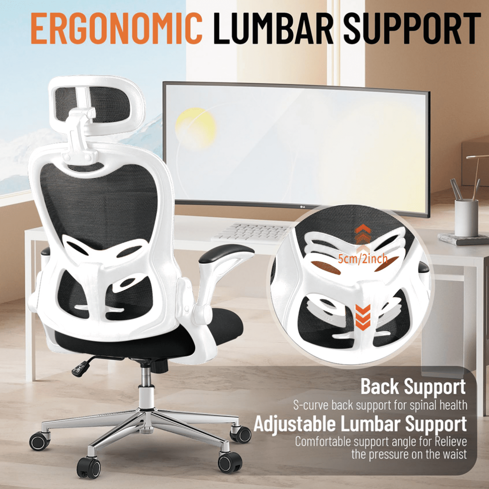 Office Chair, Ergonomic Breathable Mesh,Flip-Up Arms and Adjustable High Back Lumbar Support,Comfy Computer Chair for Home Office