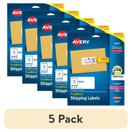 (5 pack) Avery Shipping Labels, 2" x 4", Matte White, 250ct (6427)