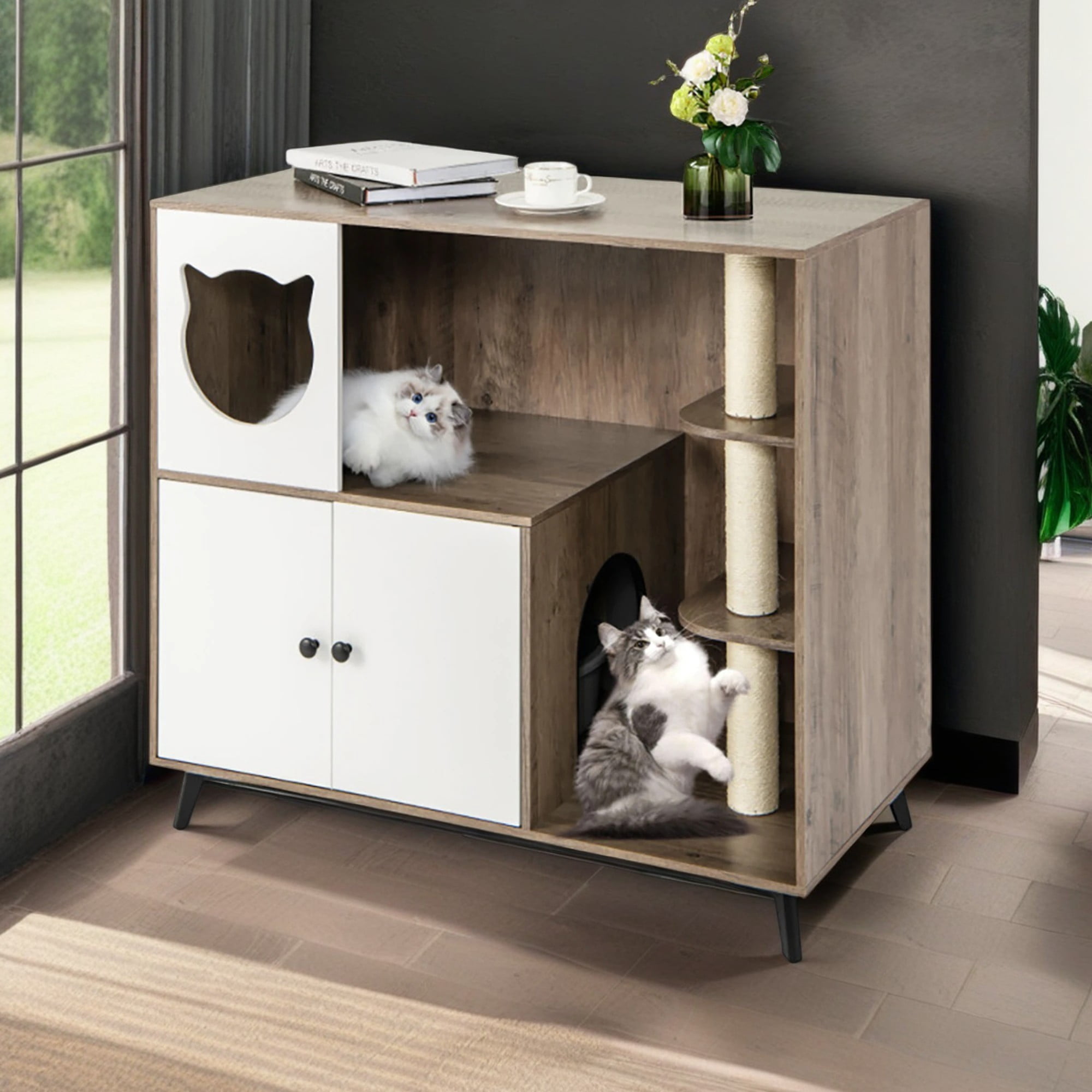Kadyn 40" Cat Litter Box Enclosure Hidden with 3 Sisal Scratching Posts for Indoor Cats, All-in-One Wood Cat House Condo Furniture, Brown