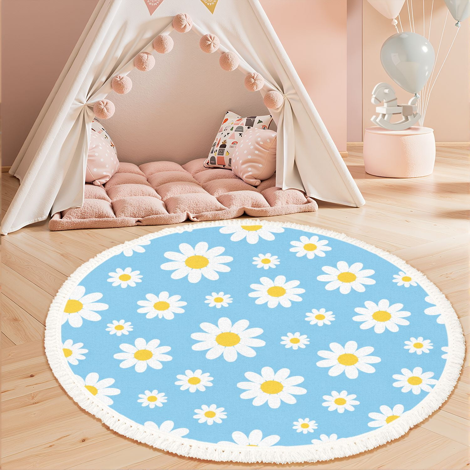 Washable Non Slip 3ft Round Rug Bright Daisy Flower Blue Nursery Circle Area Rugs with Tassels Carpet for Nursery Bedroom Living Room Playroom Tent rug Tent Castle
