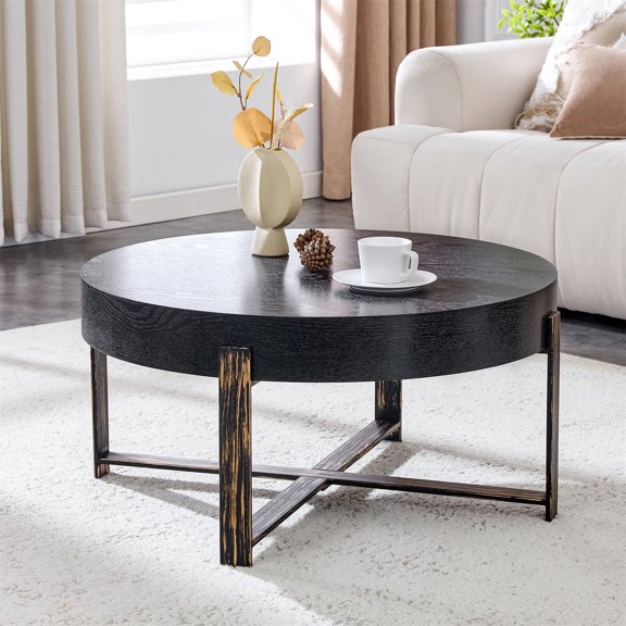 Black Round Coffee Table Mid Century Modern Wood 31.5 Inch Diameter