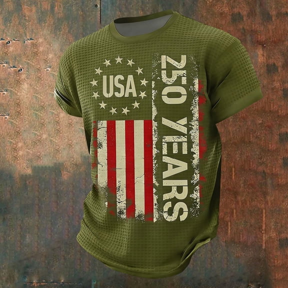 ZHOGXU Men T Shirt Short Sleeve Round Neck 250 Years Print Comfortable Breathable Tee Top For Independence Day Celebration,Army Green,L