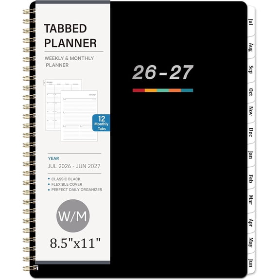 Planner 2026-2027 Weekly And Monthly Academic Planner, Jun. 2026 To Jul. 2027, 8.5 x 11 Inches, Monthly Tabs, Spiral Binding, Thick Paper, Classic Black