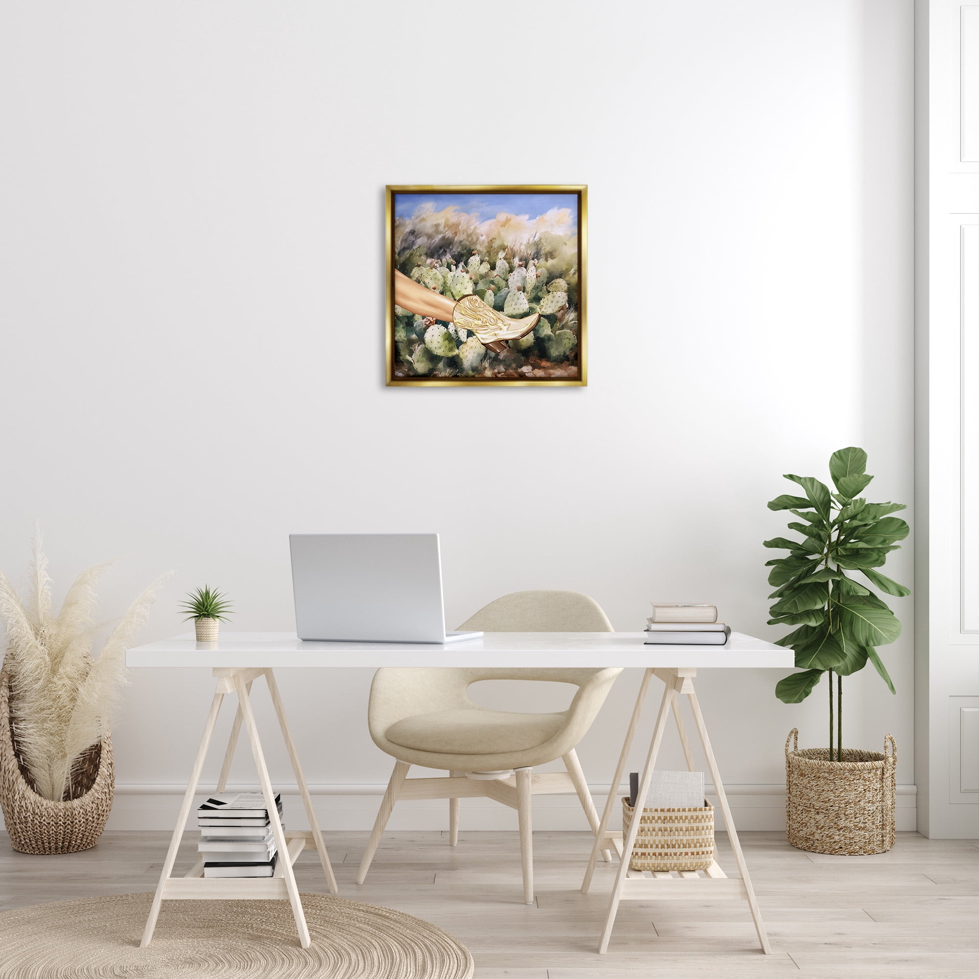Stupell Industries Cowgirl Boot & Cactus Botanical & Floral Painting Gold Floater Framed Canvas Art Print Wall Art, 25 x 25