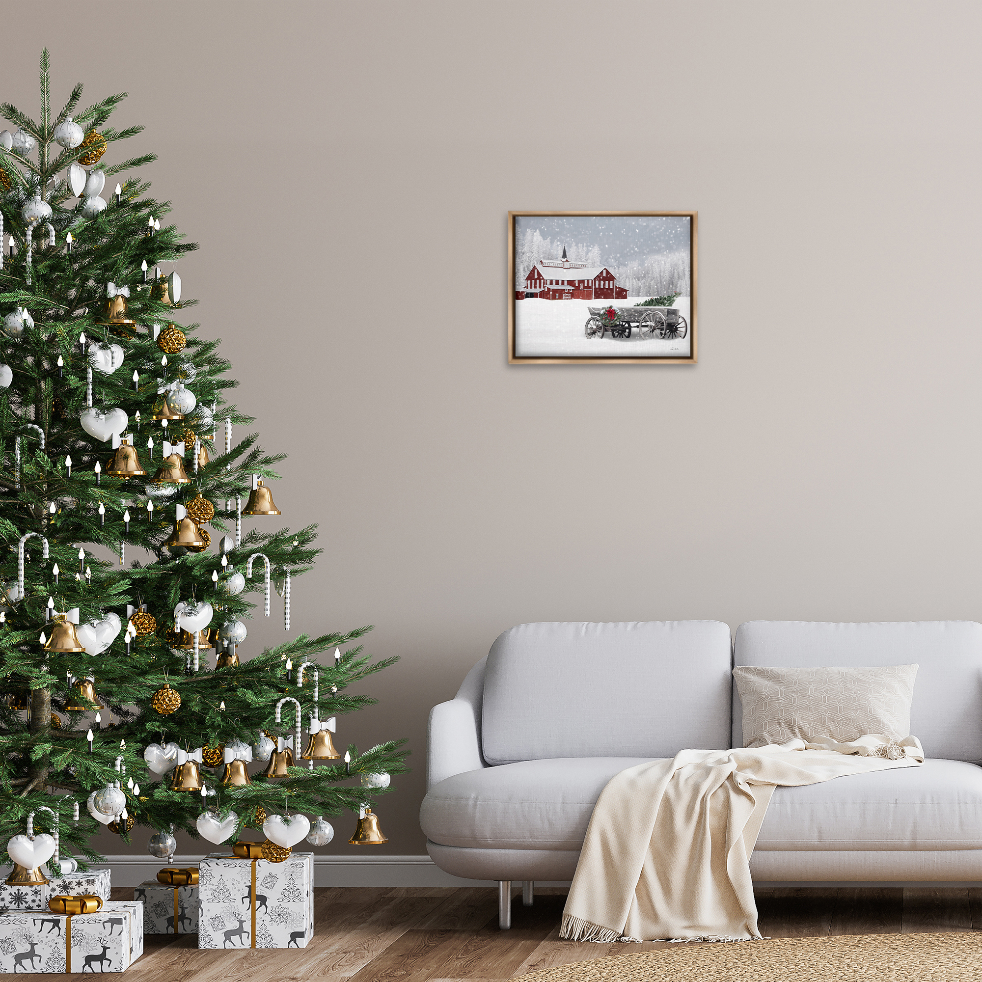 Stupell Industries Winter Wagon Scene Holiday Painting Brown Floater Framed Art Print Wall Art, 21 x 17