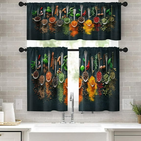 Kitchen Curtains Spices and Herbs Window Curtains Valance and Tier Set 36 Inch, Artistic Cooking Rod Pocket Short Tier Curtain for Bathroom, Colorful Small Cafe Curtains for Kitchen Decor