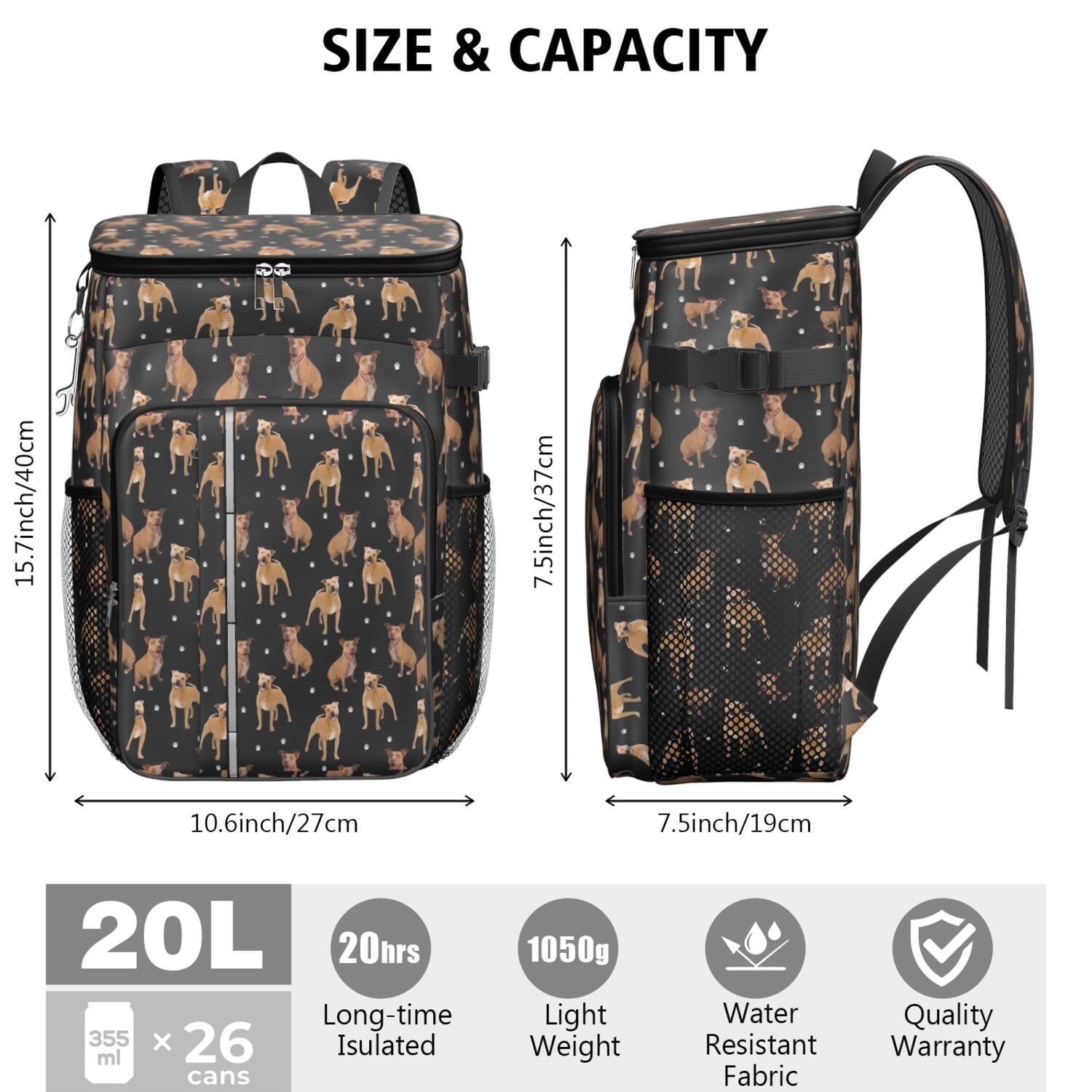 Travel Cooler Bag - Pitbull Dog and Footprint Camping Beer Cooler Backpack with Bottle Opener- Waterproof Insulated Picnic Backpacks - Cooler Bag for Beach