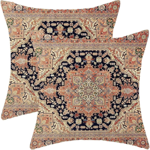 Boho Pillow Covers 18x18 Inch Set of 2, Bohemian Carpet Vintage Pattern Decorative Throw Pillowcase Boho Orange Retro Linen Outdoor Farmhouse Cushion Cover for Sofa Couch Bed Living Room