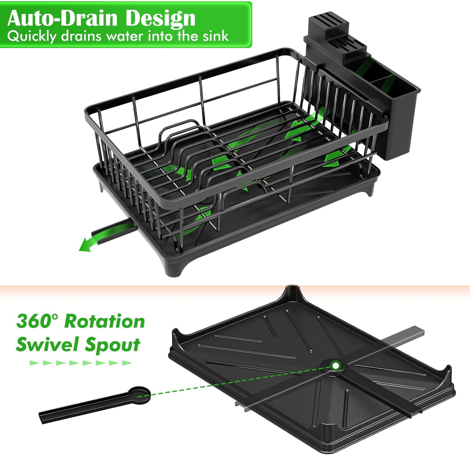 Dish Drying Rack - Space-Saving Small for Kitchen Counter, Rust-Resistant Rack, Compact Drainer Organizer with Utensil Holder Home Kitchen, Black
