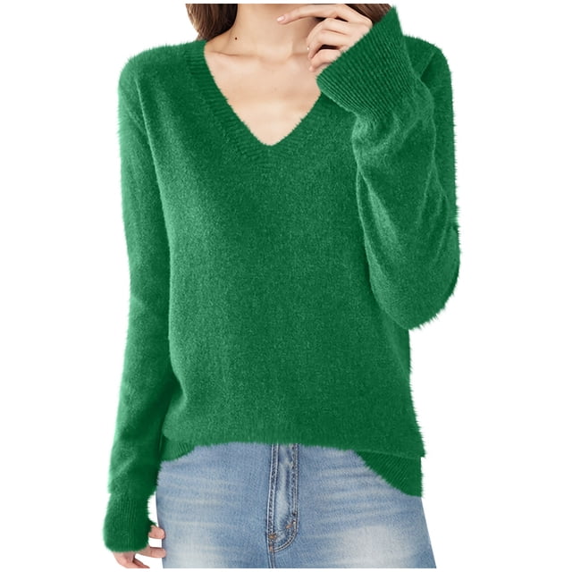 Dagegui Fall Sweaters for Women Solid V Neck Long Sleeve Pullover Soft Cozy Daily Sweater Green,S