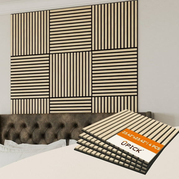 Upick MDF Acoustic Wall Panels Sound Absorbing, 4 Pack 24 x 24 inch Sound Proof Foam Wall Panels & Wood Slat Wall Panels for Interior Wall Decor (Oak)