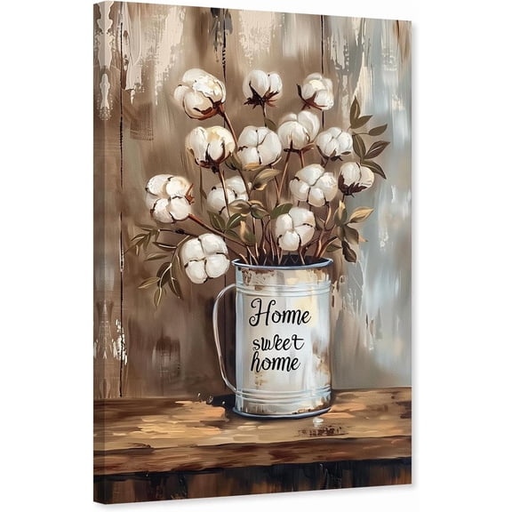ZHONGYUTONG Cotton Flower Canvas Wall Art Rustic Vintage Cotton Painting Farmhouse Floral Picture Print for Bedroom Decor Framed (12.00" x 18.00")
