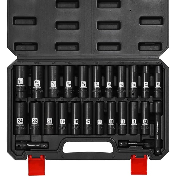 MIXPOWER 25‑Piece 1/2‑Inch Drive Deep Impact Socket Set, CR‑V Steel, Metric & SAE with Extension Bars & Adapter