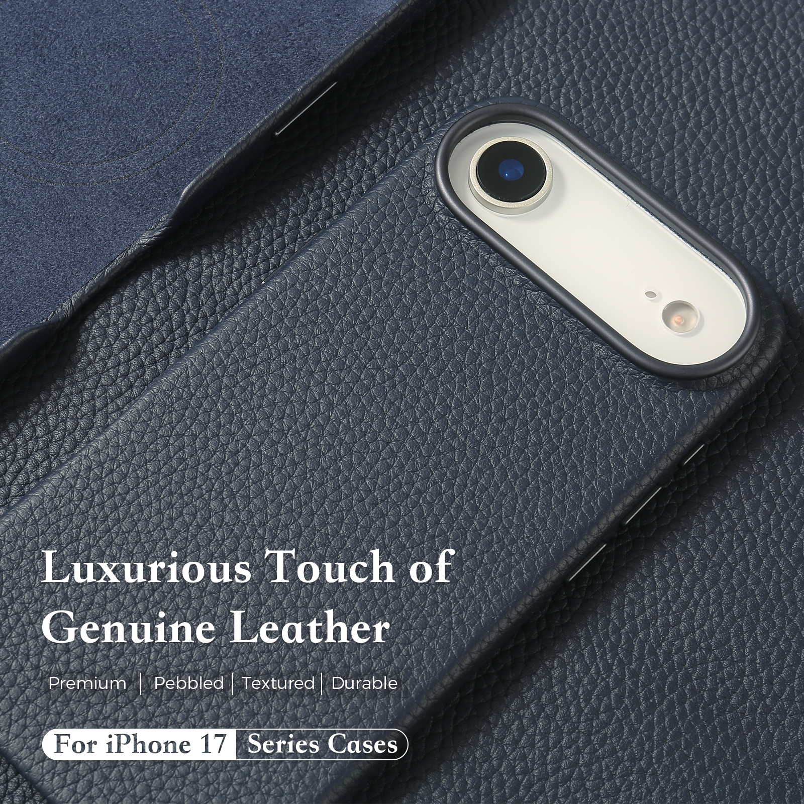 Genuine Leather Case for iPhone 17 Air (6.5 inch)，Premium Litchi Grain Cowhide Cover，2025 New Shockproof & Slim Protective Case with Soft Microfiber Lining，Blue Fit for MagSafe