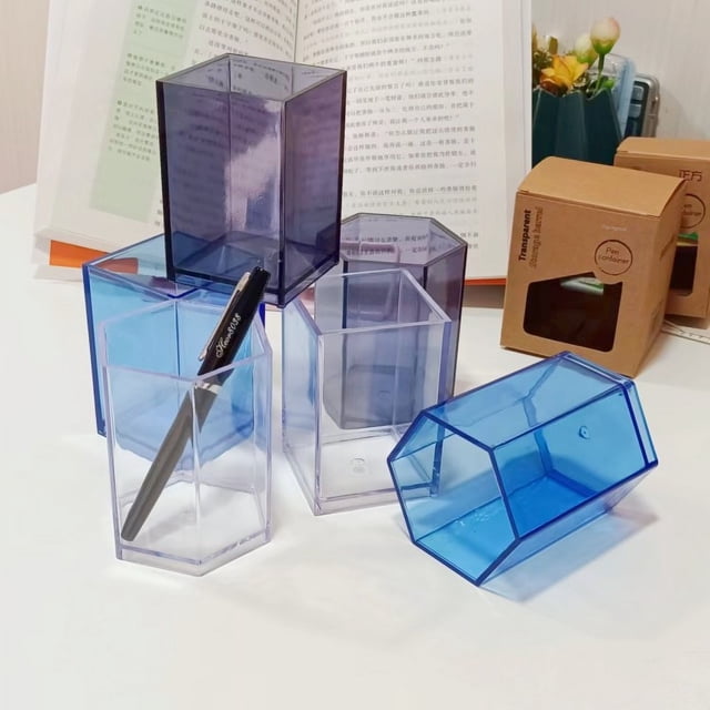 Portalápices acrílico transparente de alta permeabilidad, caja de almacenamiento de escritorio hexagonal cuadrada, papelería para estudiantes
