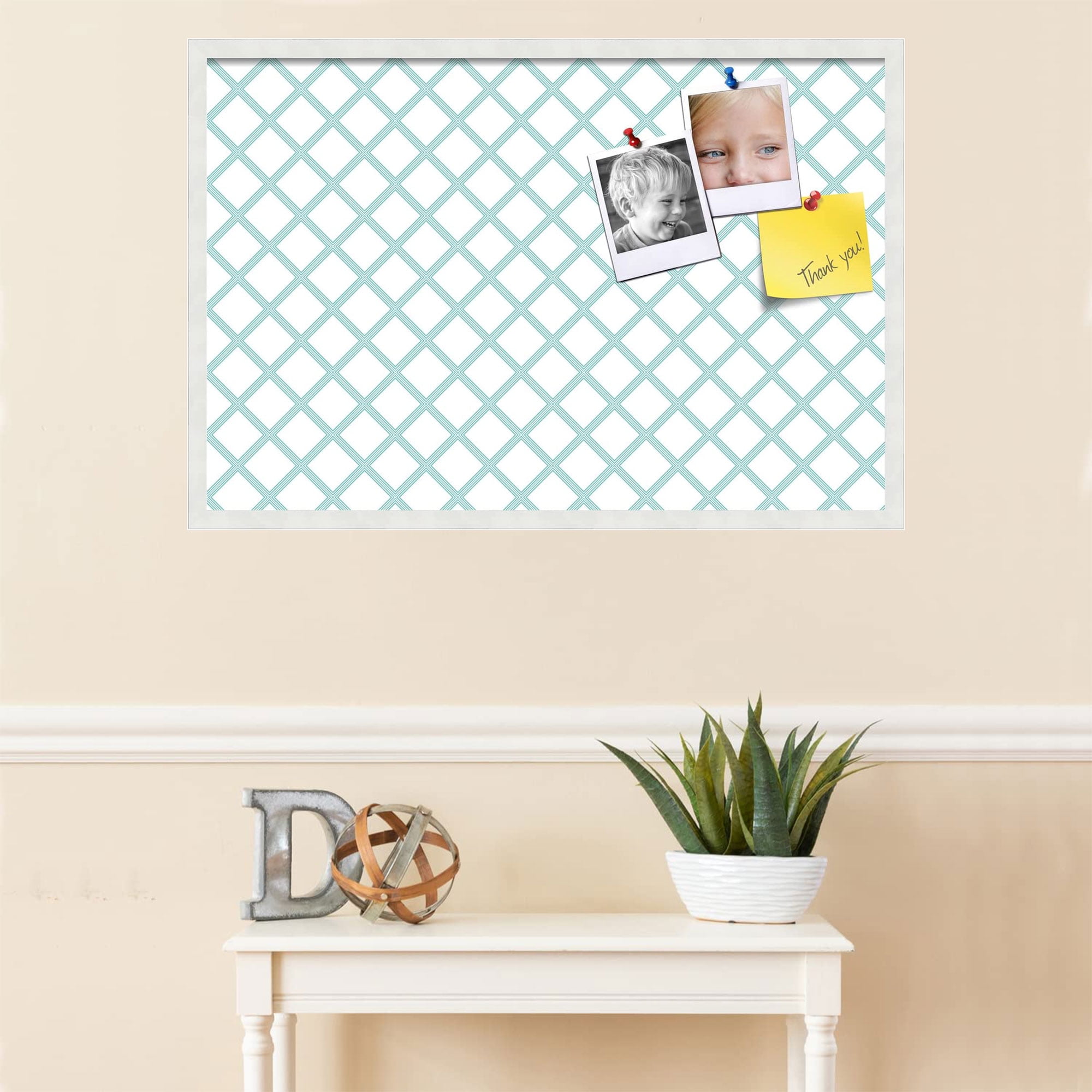 PinPix 36 x 24 Inch Decorative Canvas Bulletin Board, Aqua Diamond Pattern