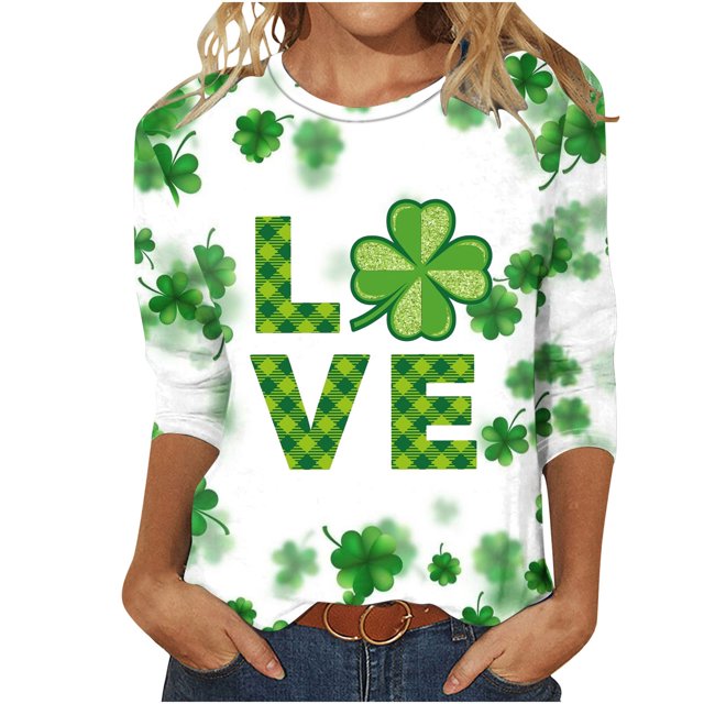 lcziwo T-Shirts de la Saint-Patrick pour Femmes Imprimé Vert Top Graphique Trèfle Irlandais Manches 3/4 Tops Printemps 2024 Blouses Col Rond Tunique Chanceuse T-Shirt Grande Taille,S-5TG XXXXL