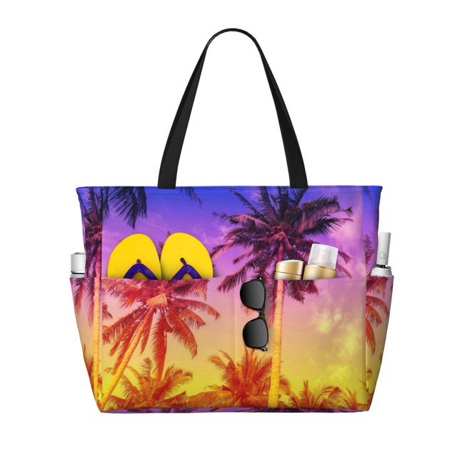 Fotbe Palm Trees at Sunset Pattern Water-Resistant Beach Travel Bag - Large Capacity Tote with 7 Pockets, Lightweight Design for Women & Men, Perfect for Beach, Pool & Gym