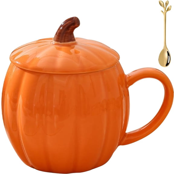 Ceramic Pumpkin Mug with Lid Cute Fall Coffee Cup with Handle for Halloween | 14oz heat-resistant ceramic pumpkin mug decor gift for Halloween & Thanksgiving