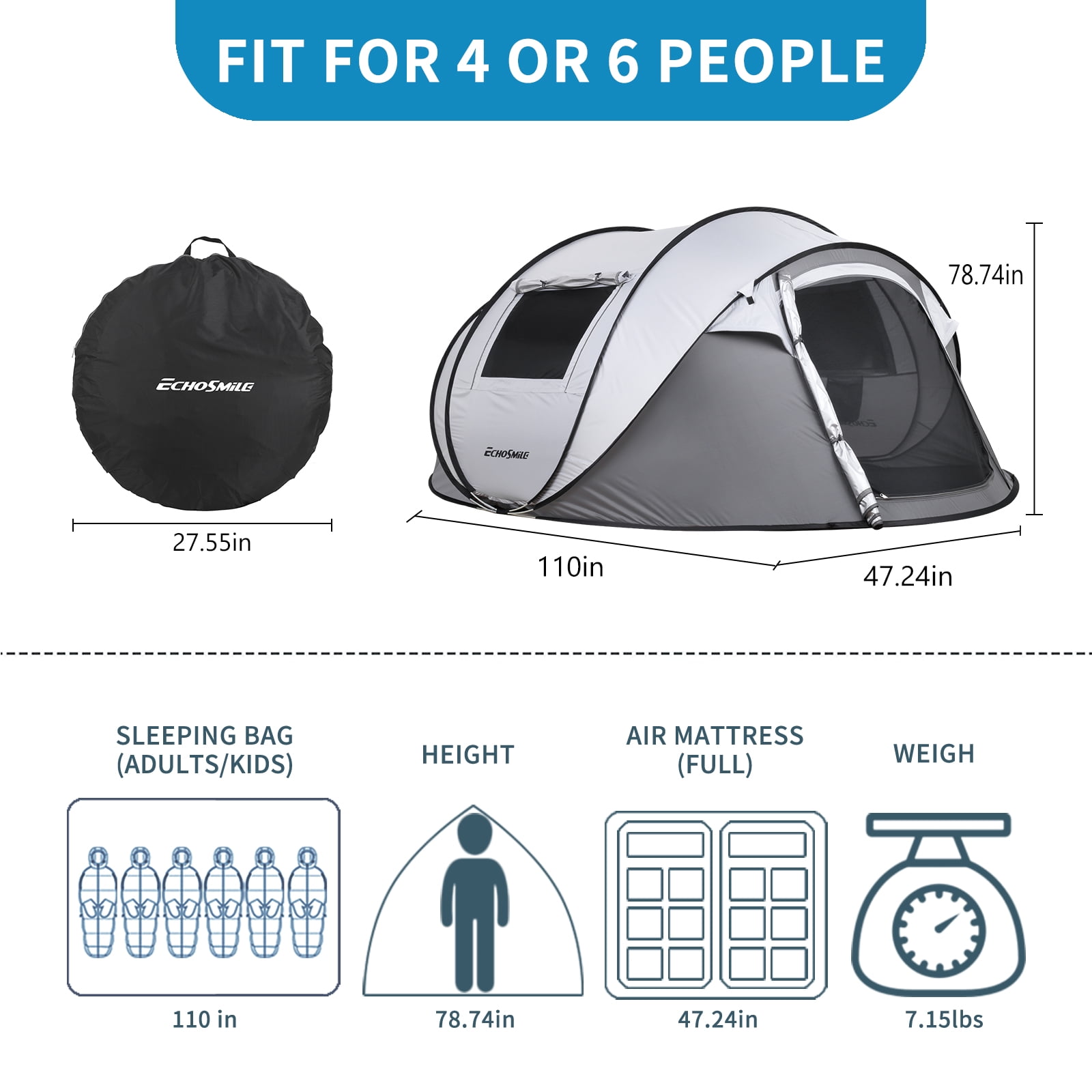 Acpouw  Instant Pop Up Camping Tent, 2/4/6 Person, Easy Setup Tent, Water Resistant Dome, Portable with Carry Bag for Camping, Hiking & Traveling
