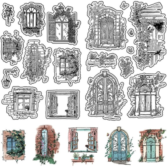 2 Style Garden Window Clear Rubber Stamps Vintage Spring Flowers Door Reusable Transparent Silicone Stamp Seals for DIY Scrapbooking Journaling Card Making Decor Photo Album Decorative DIY