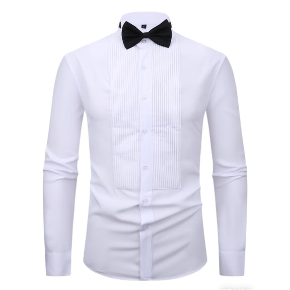 TANSILING Men's Tuxedo Dress Shirt French Cuff Pleated Front Formal Fit with Bow Tie