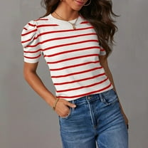 Fartey Women's Puff Short Sleeve Knit Tops Fashion Striped Crewneck Summer Sweater Casual Pullover Tops Shirts Trendy Outfits 2025 Red M