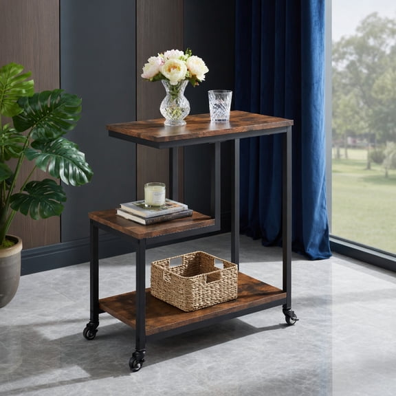 Topcobe G-Shaped Side Table 3-Tier Mobile End Table with Open Shelves, End Tables Living Room, Modern Furniture for Home-Rustic Brown