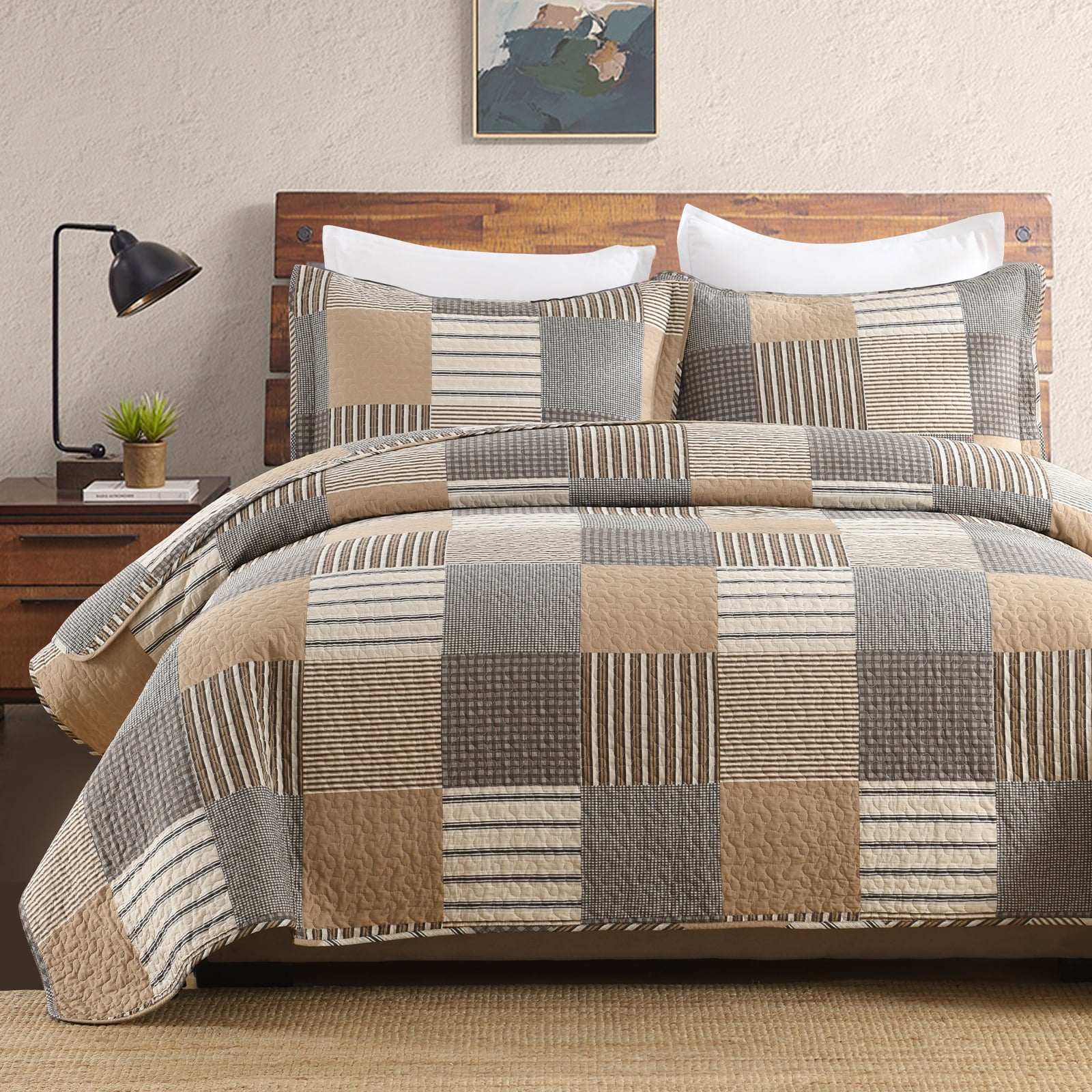 Bedduvit Brown Plaid Queen Size Quilt - 100% Cotton Brown Gray Beige Farmhouse Quilts Bedspread for Queen Bed, Patchwork Cabin Rustic Lightweight Reversible Quilt Set, All-Season 3-Piece Bedding Set