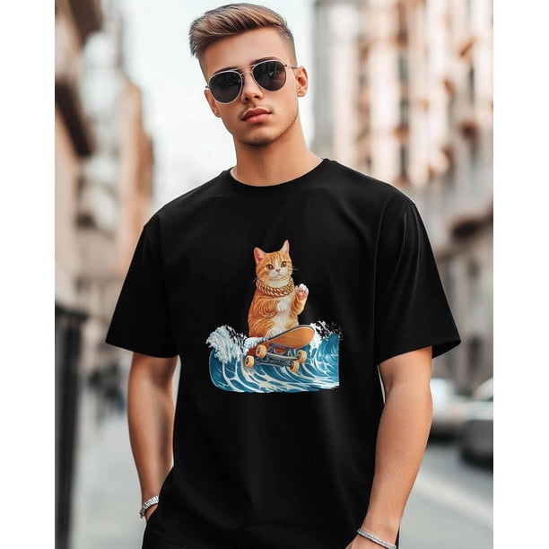 Camisetas de manga corta con cuello redondo para hombre con diseño de gato surfeando en el océano