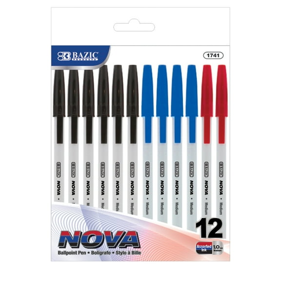 BAZIC Ballpoint Nova Assorted Color Stick Pens, 1.0mm, (12/Pack), 1-Pack